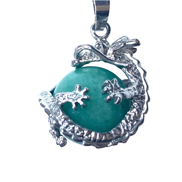 Green Aventurine Stone Silver Dragon Wrapped Ball Cylinder Faux Jade Necklace - Picture 3 of 8
